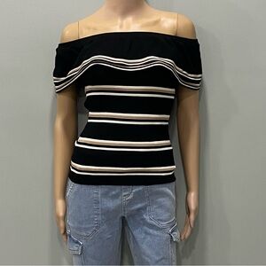 White House Black Market Elegant Black, khaki & white Striped Women's Top XS